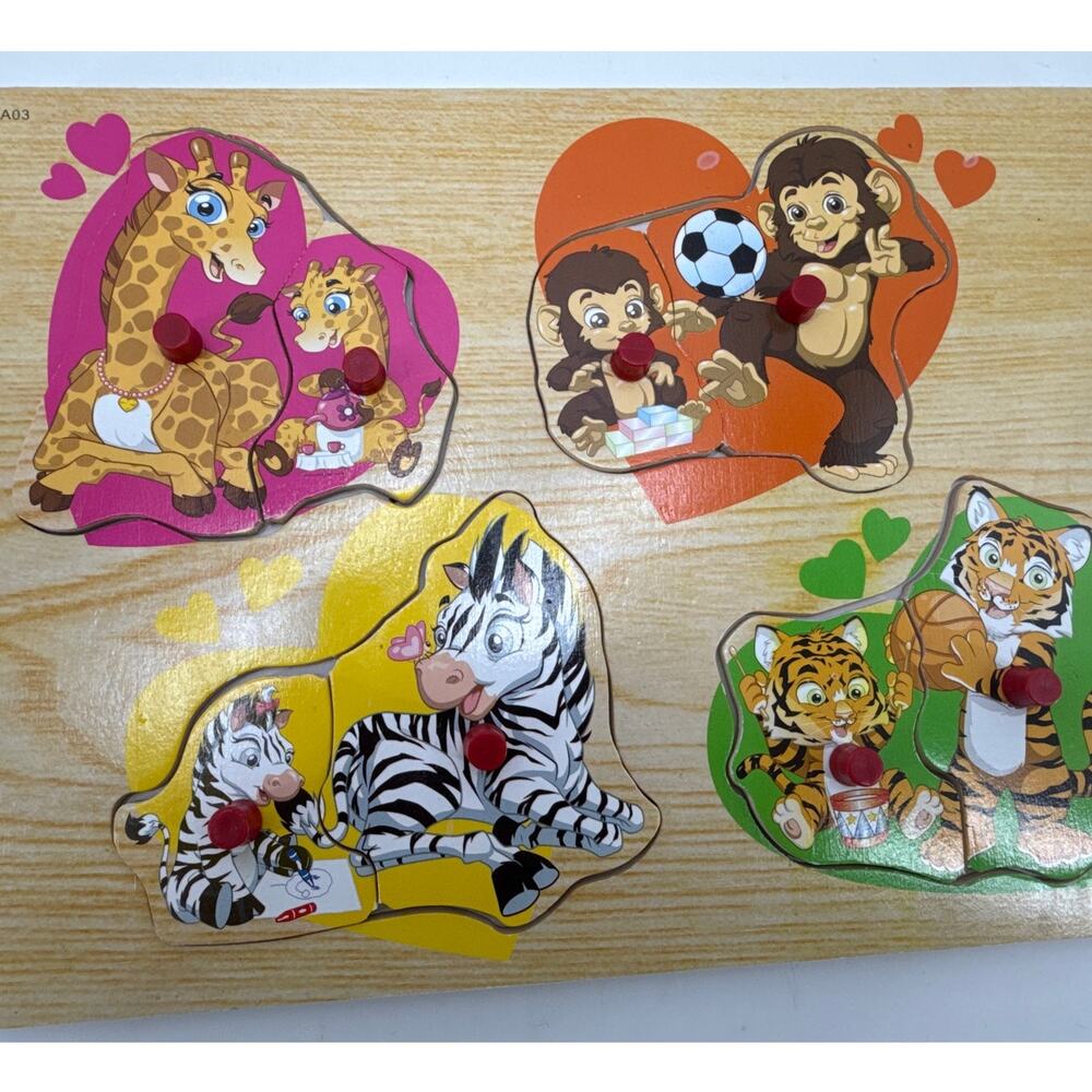 Wooden Animal Peg Puzzle Giraffe Zebra Tiger Monkey Toddler Kids 9x12